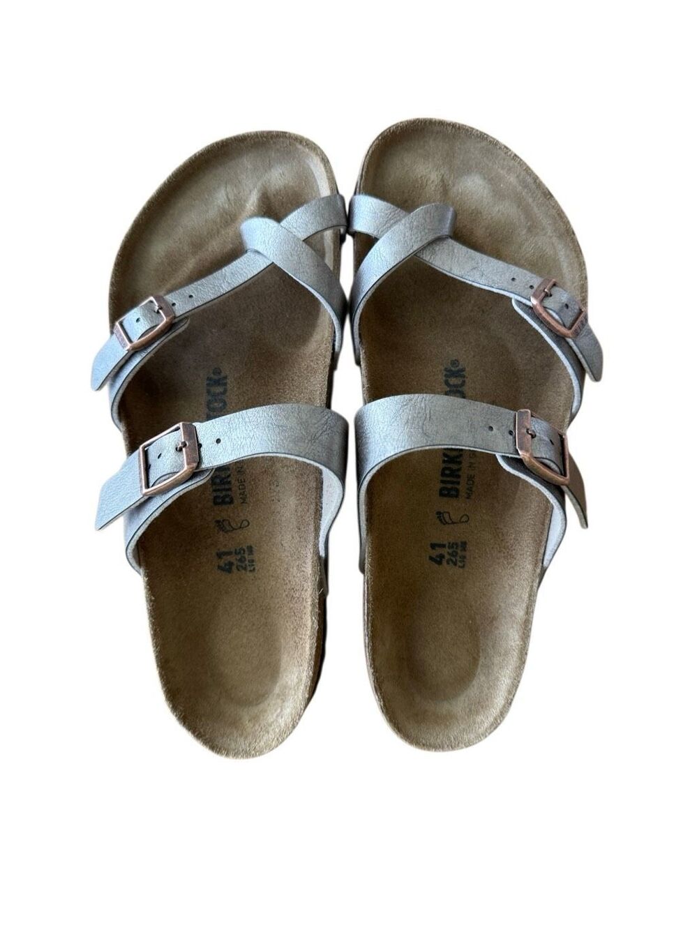 Birkenstock Womens Silver Mayari Birko-Flor Toe Loop Slide Sandals Size 41
